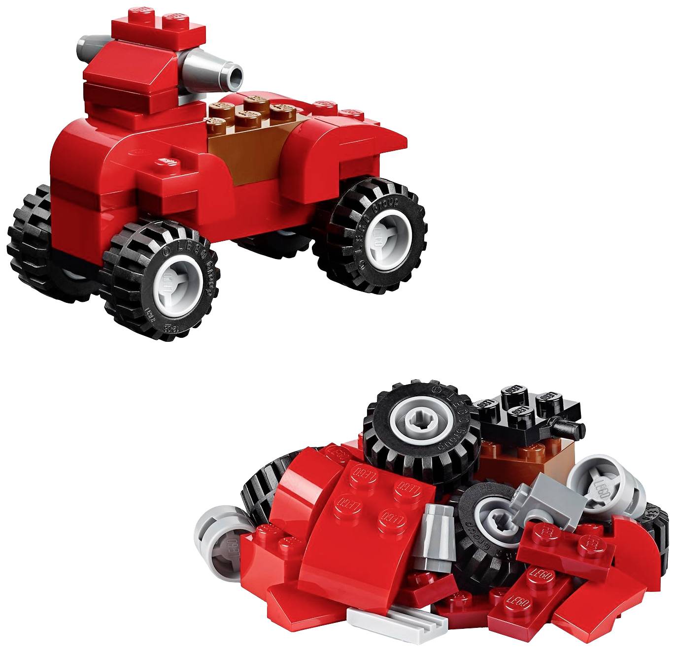 En liten röd leksaksbil och en hög med Lego-bitar som bilen kan byggas av.