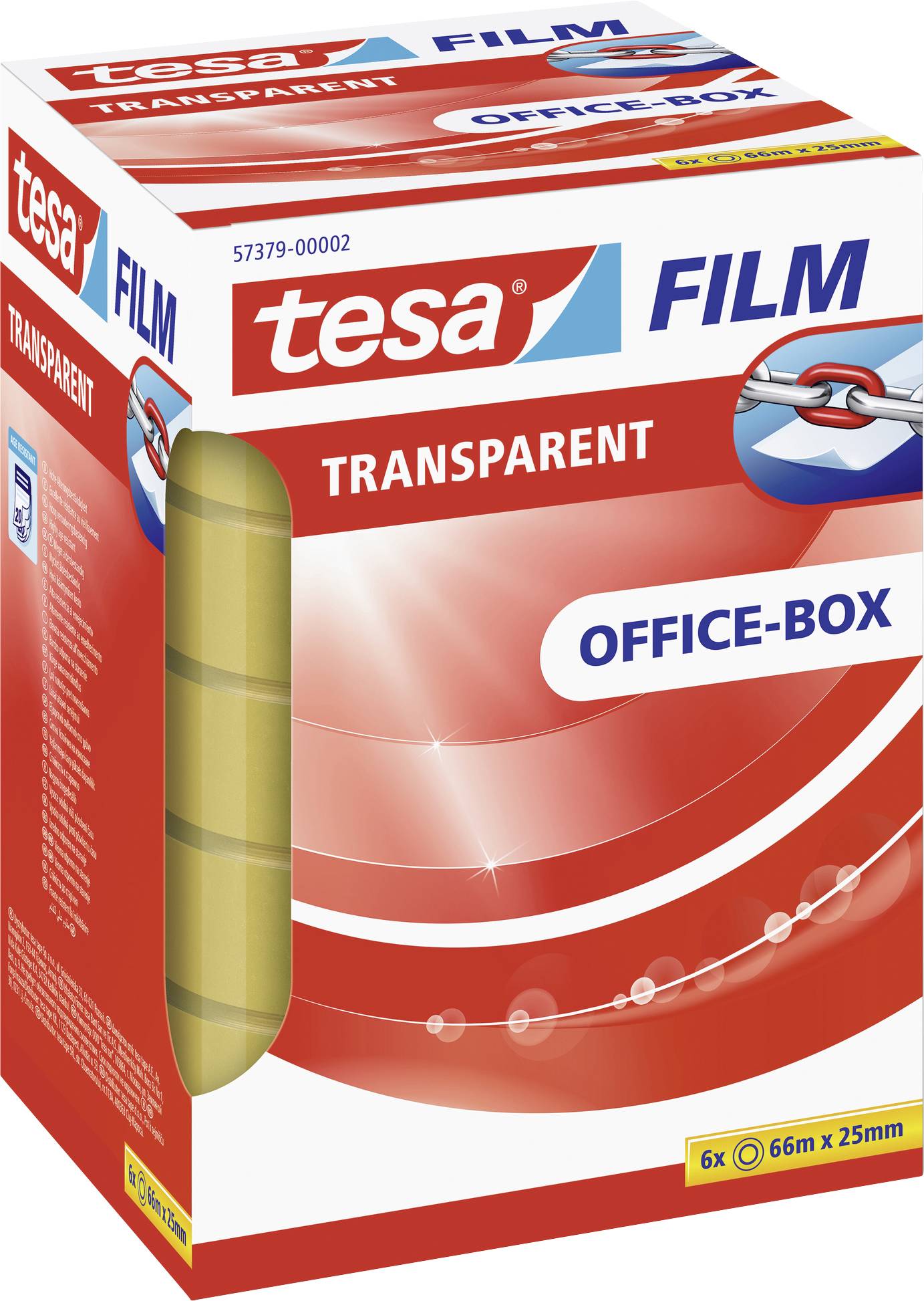 Bilden visar en röd och blå förpackning märkt 'tesa FILM TRANSPARENT OFFICE-BOX'. Innehåller 6 rullar genomskinlig tejp.