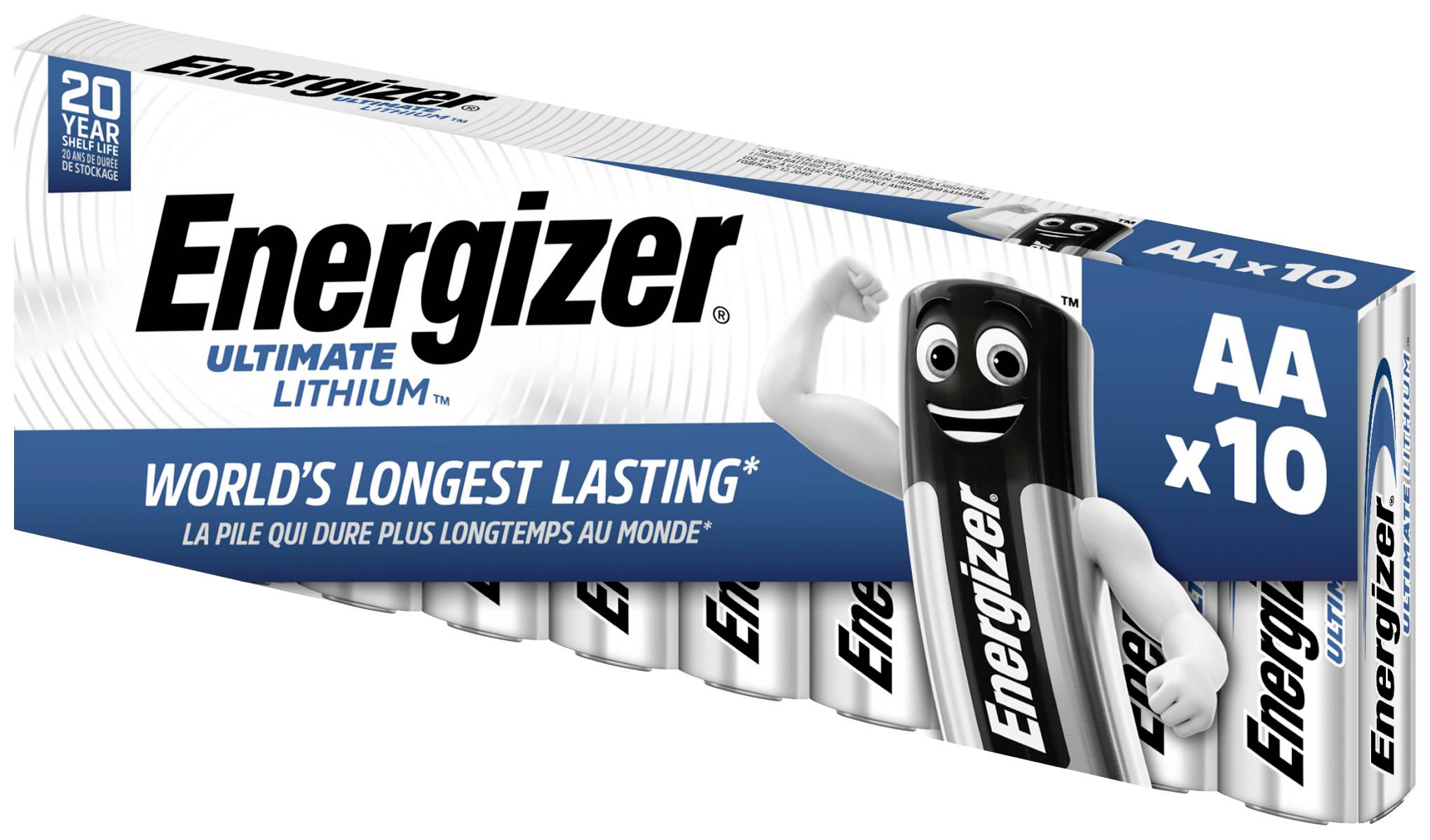 Förpackning med tio Energizer Ultimate Lithium AA-batterier. Tryckt text: 'VÄRLDENS LÄNGST HÅLLANDE', med ett leende maskotfigur.