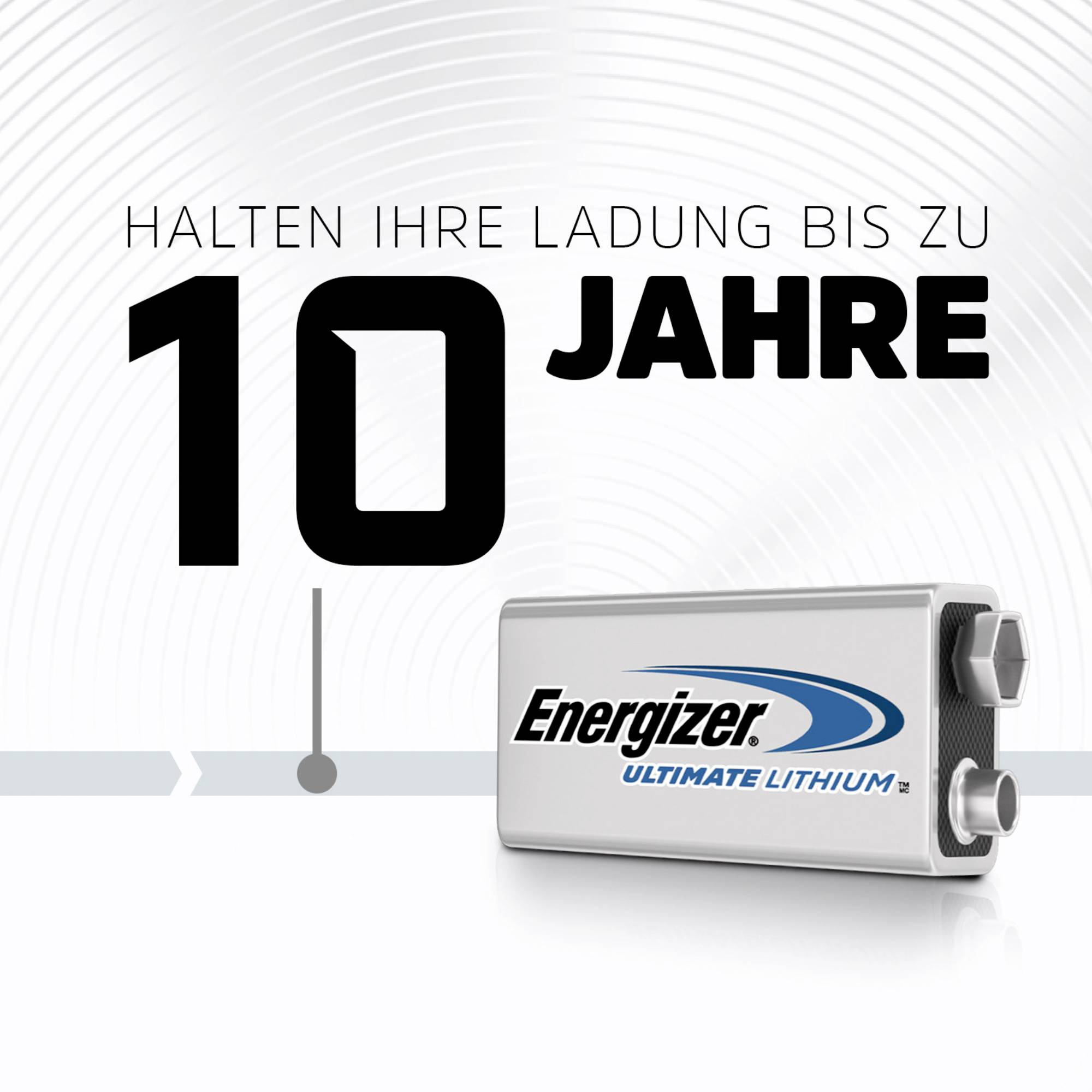 Batterireklam med text 'Behåller sin laddning upp till 10 år'. Energizer Lithiumbatteri avbildat.