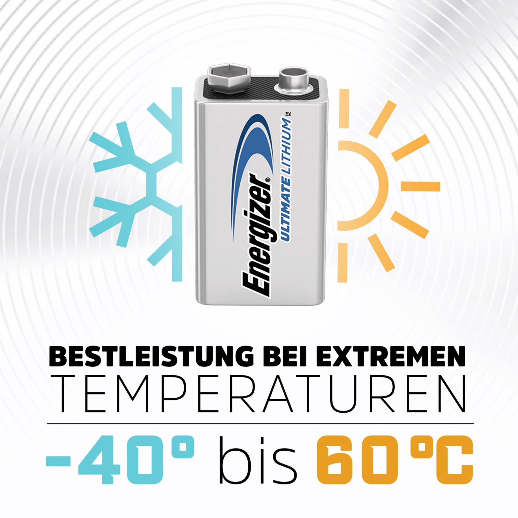 Energizer-batterier och temperaturer från -40°C till 60°C illustrerade. Snöflinga till vänster, sol till höger.