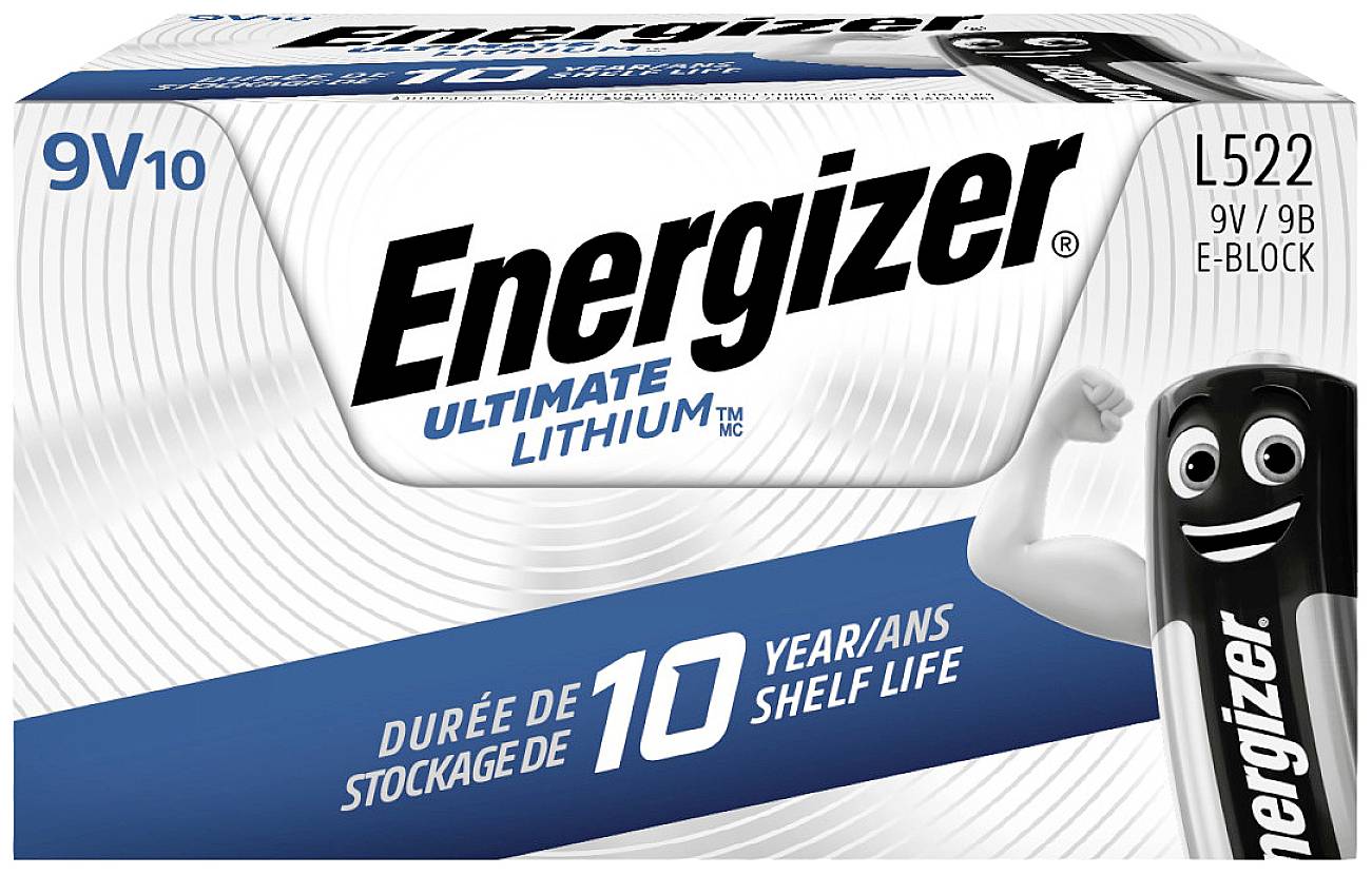 'Energizer Ultimate Lithium 9V-batterieförpackning, lovar 10 års hållbarhet, visar ett glatt maskot till höger.'
