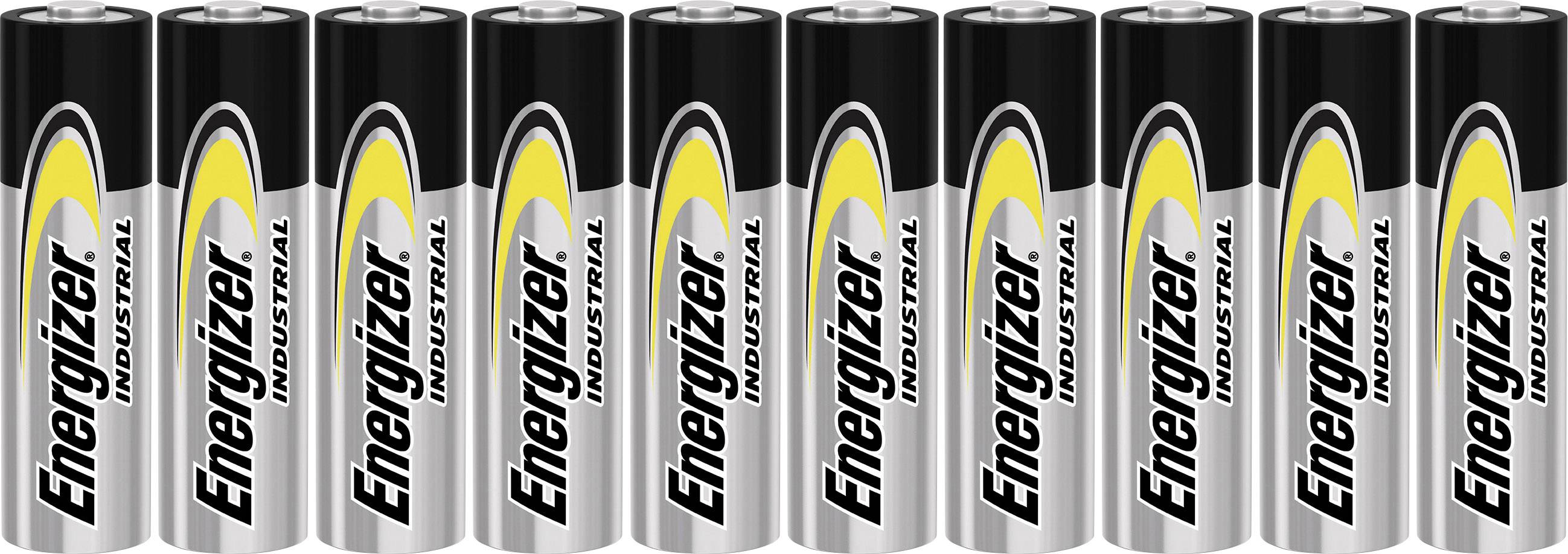 En rad Energizer industriella batterier, tätt staplade intill varandra, med svart och silvrig design och gul accent.