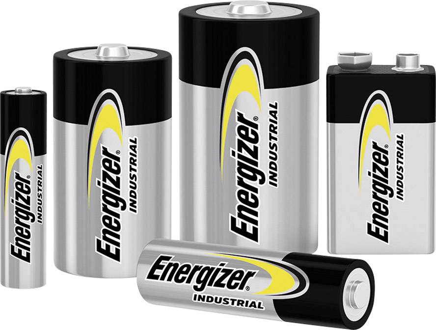 Fem batterier i olika storlekar från märket 'Energizer Industrial' med gult och svart logo på silvrig bakgrund.