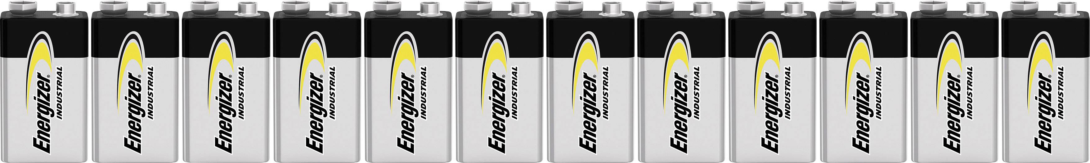 'En rad med elva identiska 9-volts batterier från Energizer, stående bredvid varandra.'