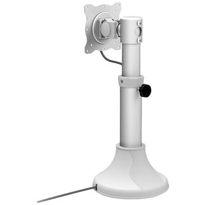 En silverfärgad monitorställning med justerbar höjd och lutbar hållararm. Perfekt för ergonomisk skärmplacering.