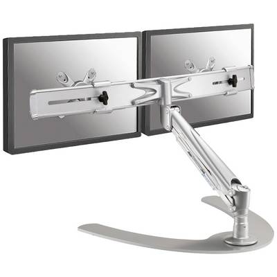 Ergonomisk dubbel monitorarm i silver med två monterade skärmar. Erbjuder flexibilitet och ytbesparing på skrivbordet.