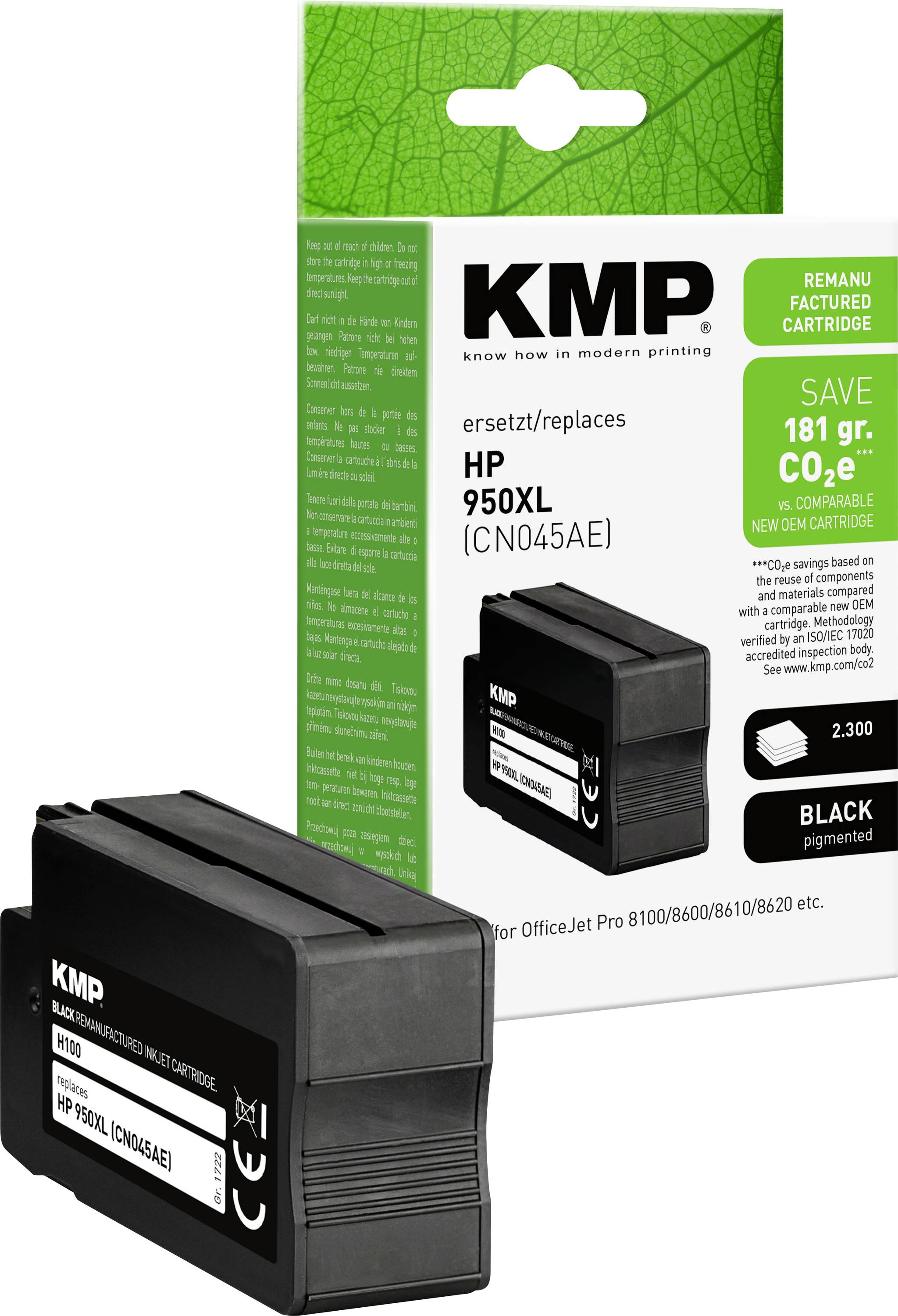 KMP svart bläckpatron, paket och patron, märkt som ersättning för HP 950XL, med 2 300 sidor och "Svart pigmenterad" på lådan.
