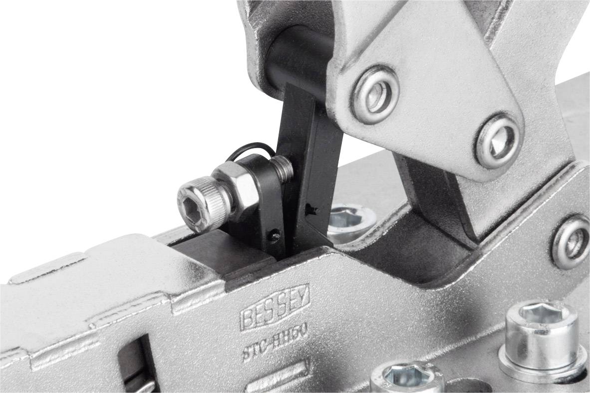 Handtag av metall märkt med 'BESSEY', visar bulten och hävstångsmekanism. Huvudsaklig egenskap är robust konstruktion.
