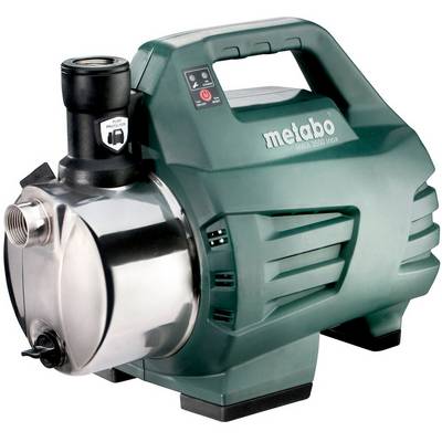 Grön Metabo vattenpump med rostfritt stålhus och bärhandtag, visad på vit bakgrund.