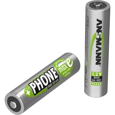 Två silverfärgade AAA-batterier. Det ena är märkt med 'PHONE maxe' och 'NiMH 550 mAh', det andra med 'ANSMANN'.