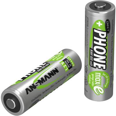 Två silverfärgade AA-batterier med grön text, ett liggande och ett stående. De är lämpliga för DECT-telefoner.