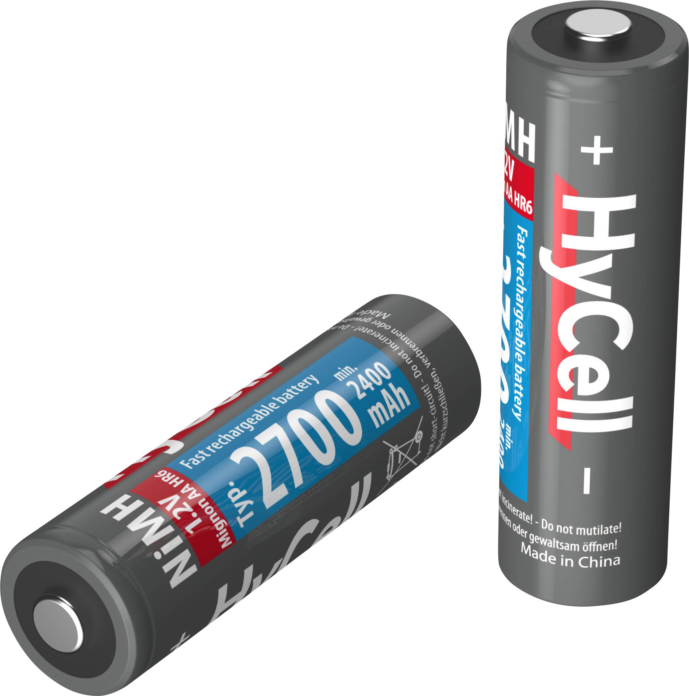 Två laddningsbara batterier av märket 'HyCell' med texten '2700 mAh', som visas liggande och stående.