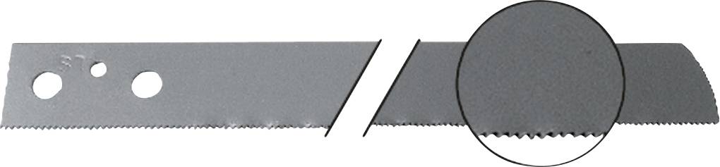 Metallsågblad med fina tänder, förstorad detaljvy visar tandningen. Idealiskt för precisionsklipp i metallmaterial.
