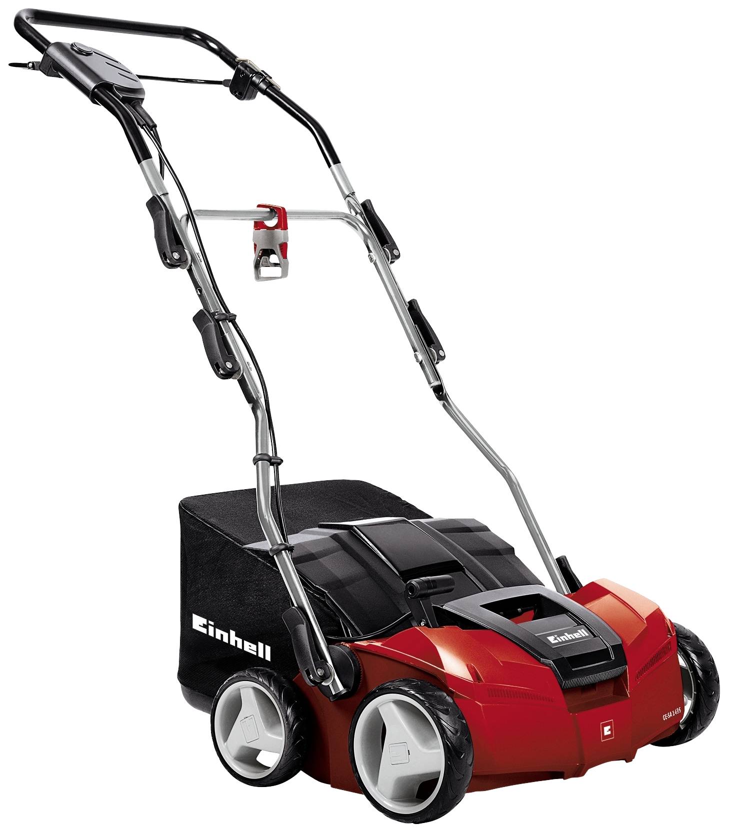 En röd elektrisk vertikalskärare med svart handtag och stora hjul. Märket 'Einhell' på sidan. Idealisk för grässkötsel.