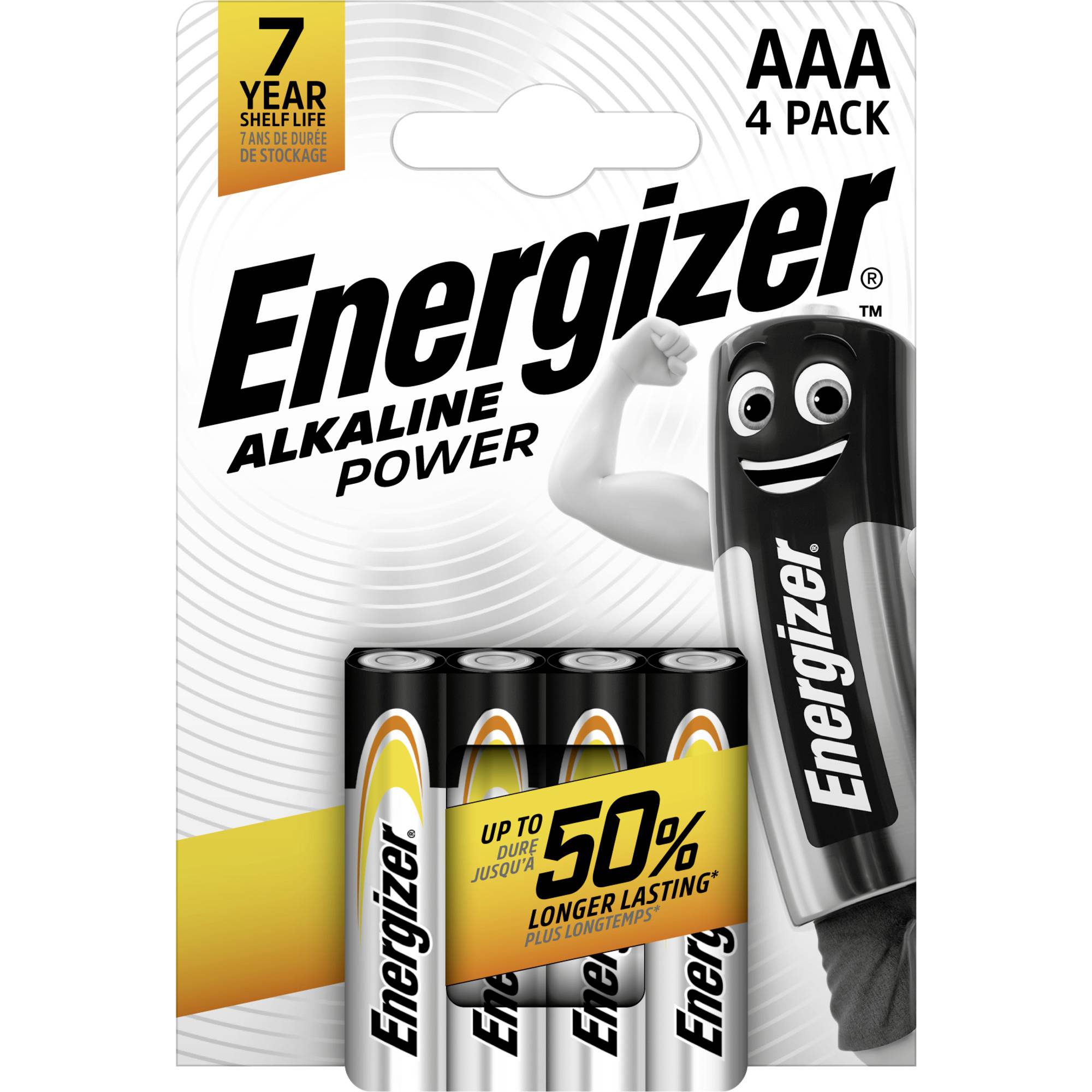 'Fyrapack Energizer AAA Alkaliska batterier, 7 år hållbarhet, upp till 50% längre livslängd jämfört med konkurrensen.'