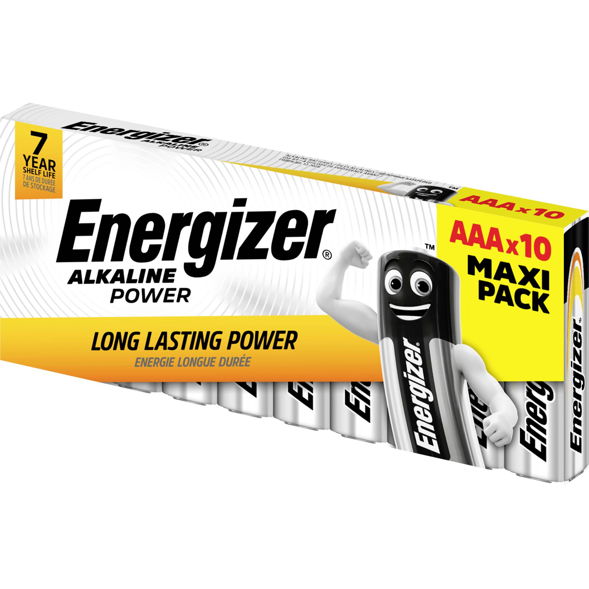 En förpackning med tio AAA alkaliska batterier från Energizer. Kartongen visar en tecknad batterifigur och framhäver 'Lång livslängd'.