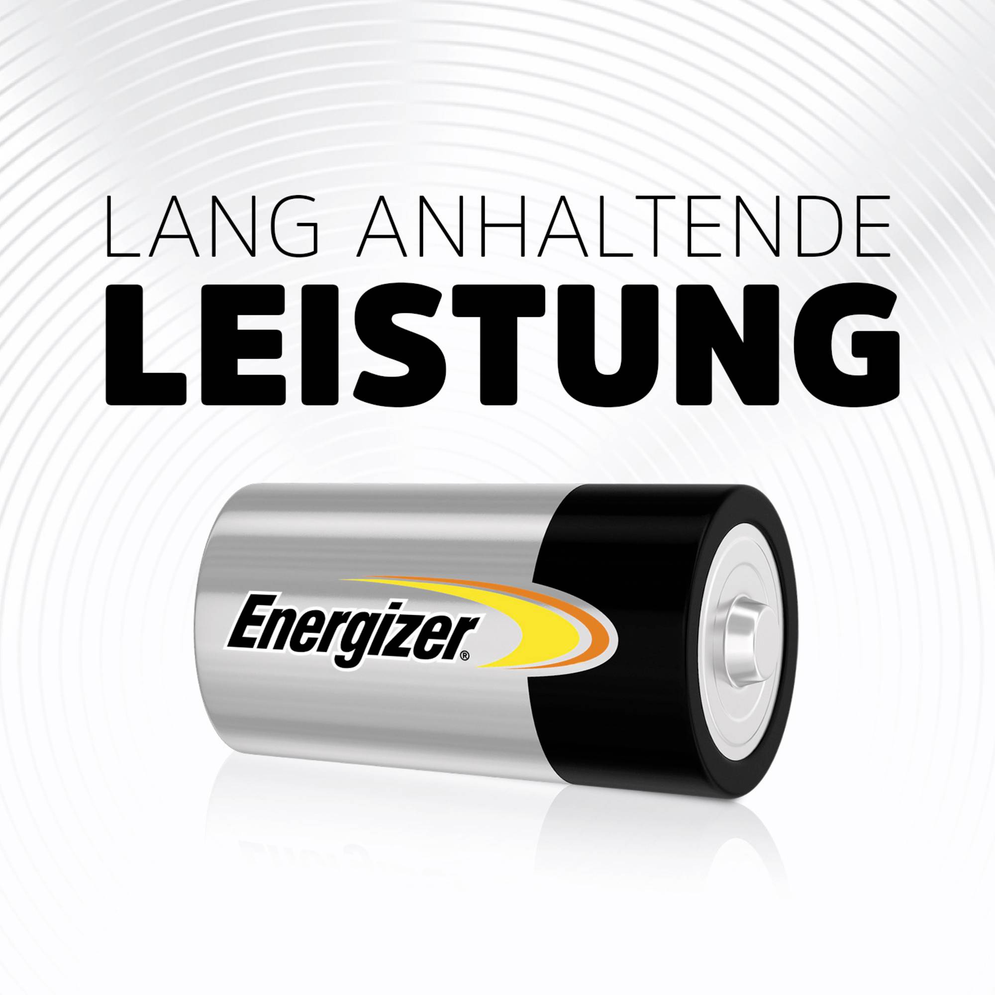 Batterier med Energizer-logotyp; Text 'Långvarig prestanda' ovanför. Bakgrund med koncentriska cirklar.