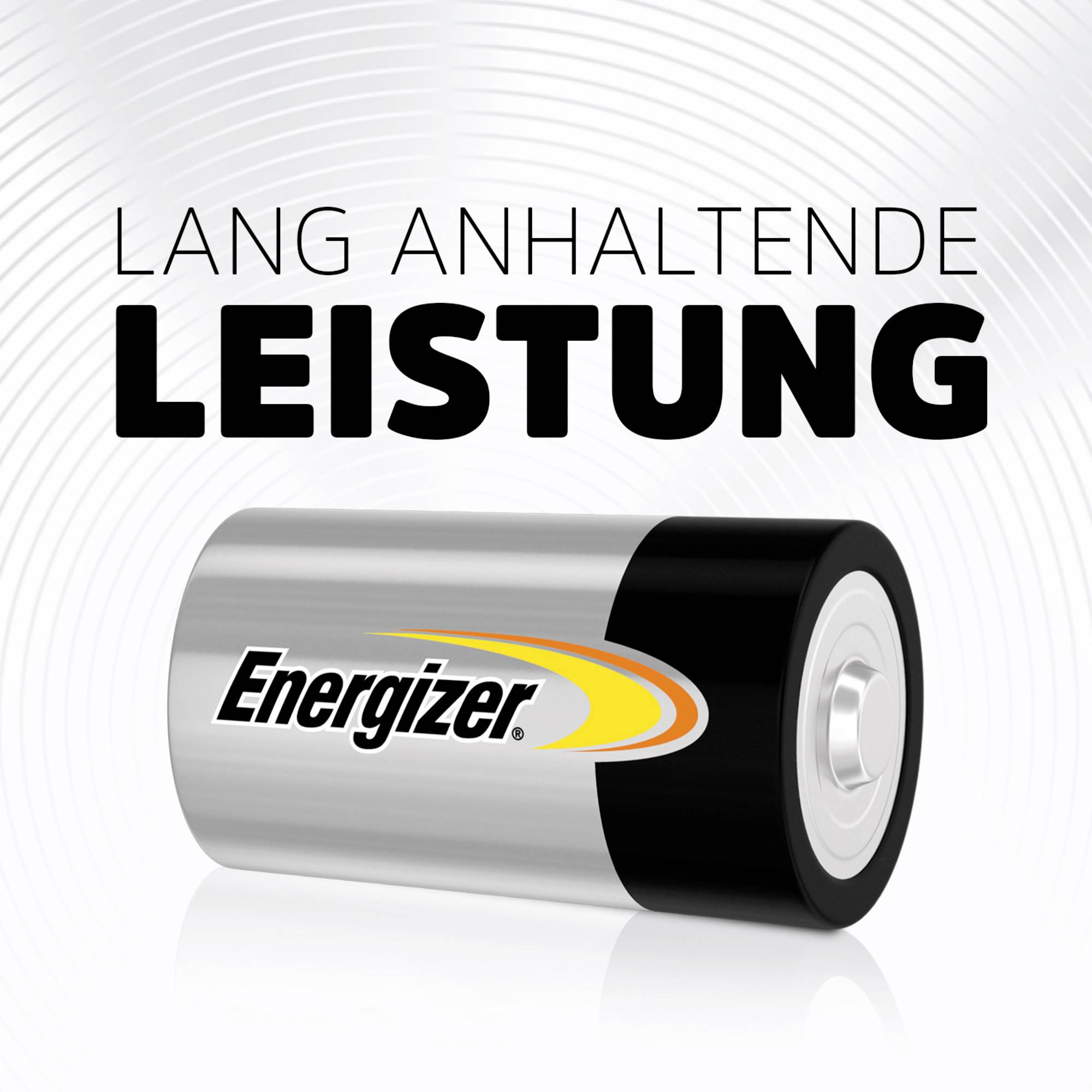 Energizer-batteri med texten 'LÅNGVARIG PRESTANDA' i bakgrunden. Silverfärgat batteri med svart-gul-rött logotyp.