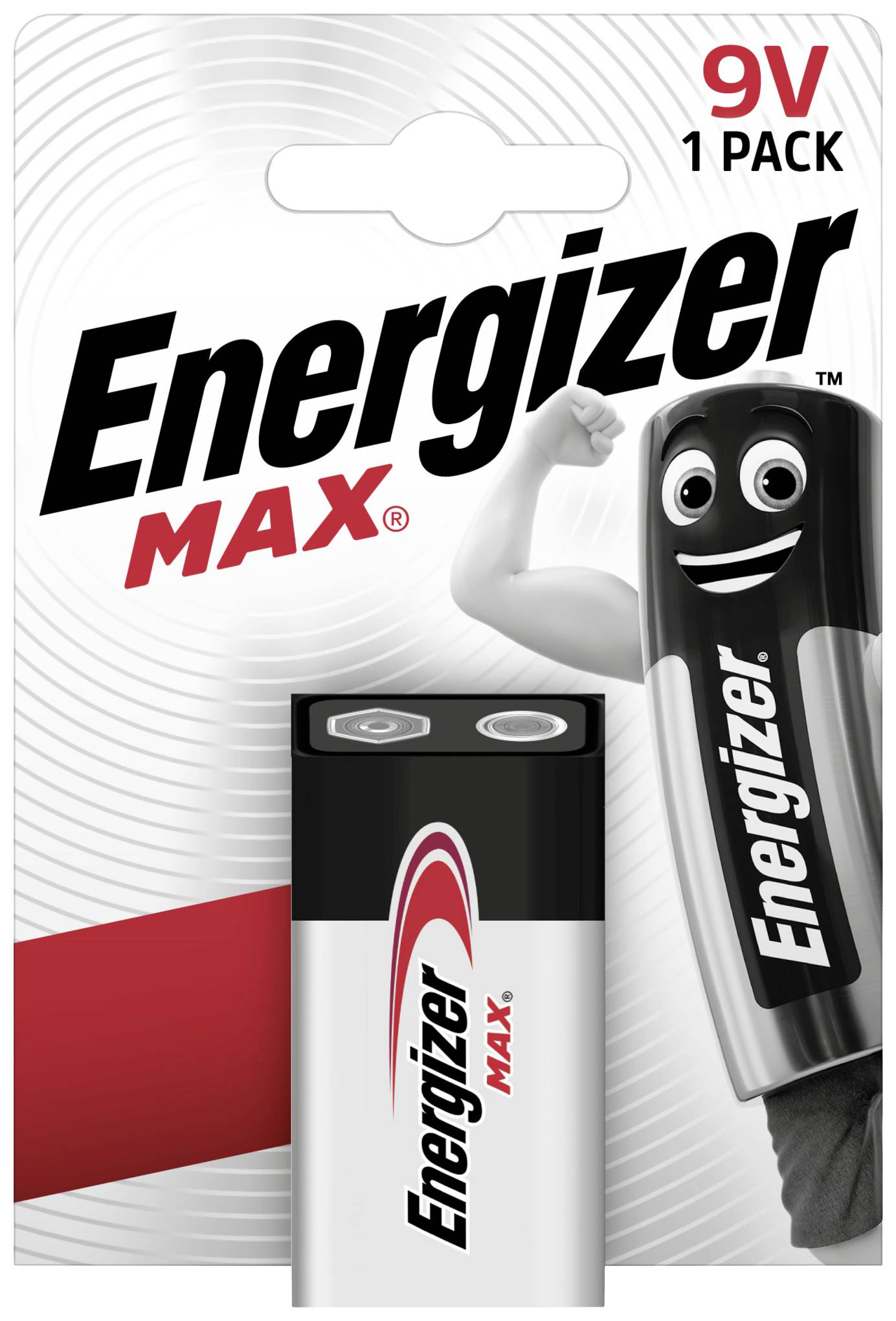 9V-batterilåda med märket 'Energizer Max' på röd och vit bakgrund. En tecknad batterimaskot höjer armen.