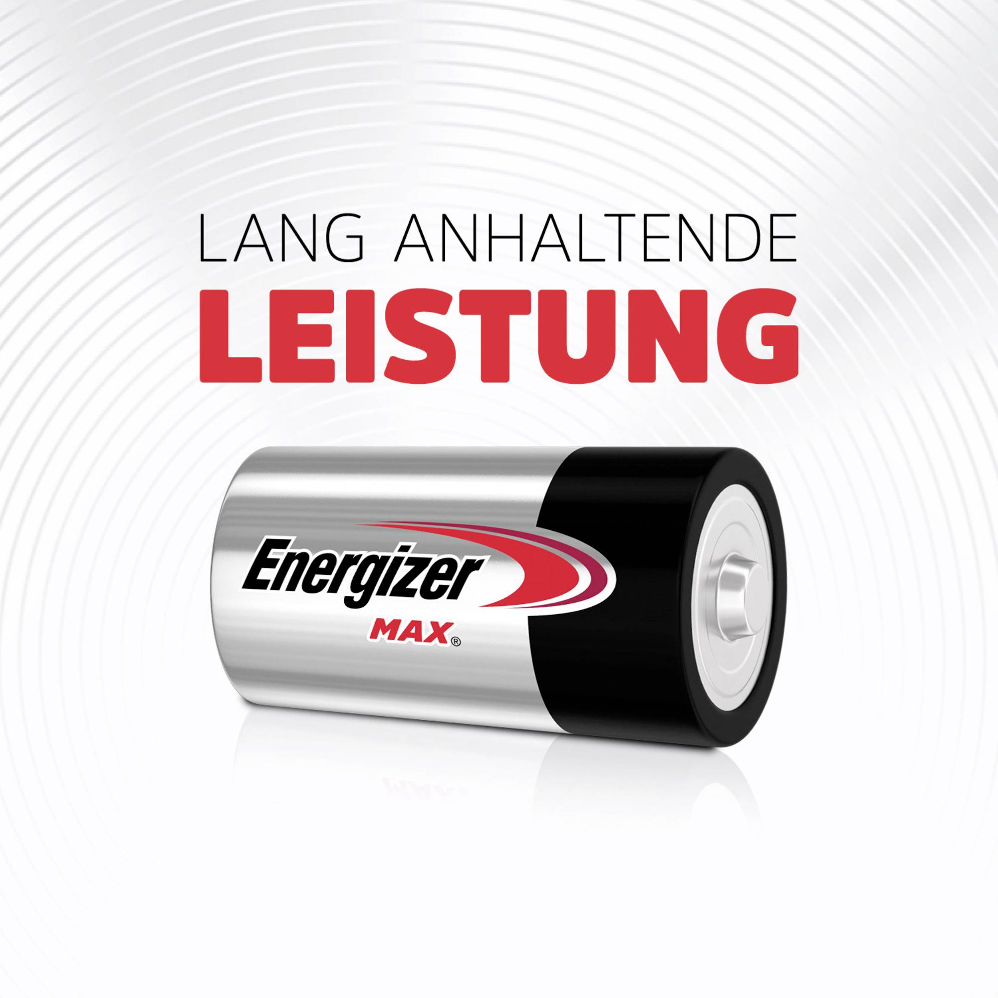 En silver Energizer MAX-batteri med svart och rött logo på vit bakgrund. Text ovanför: Långvarig prestanda.