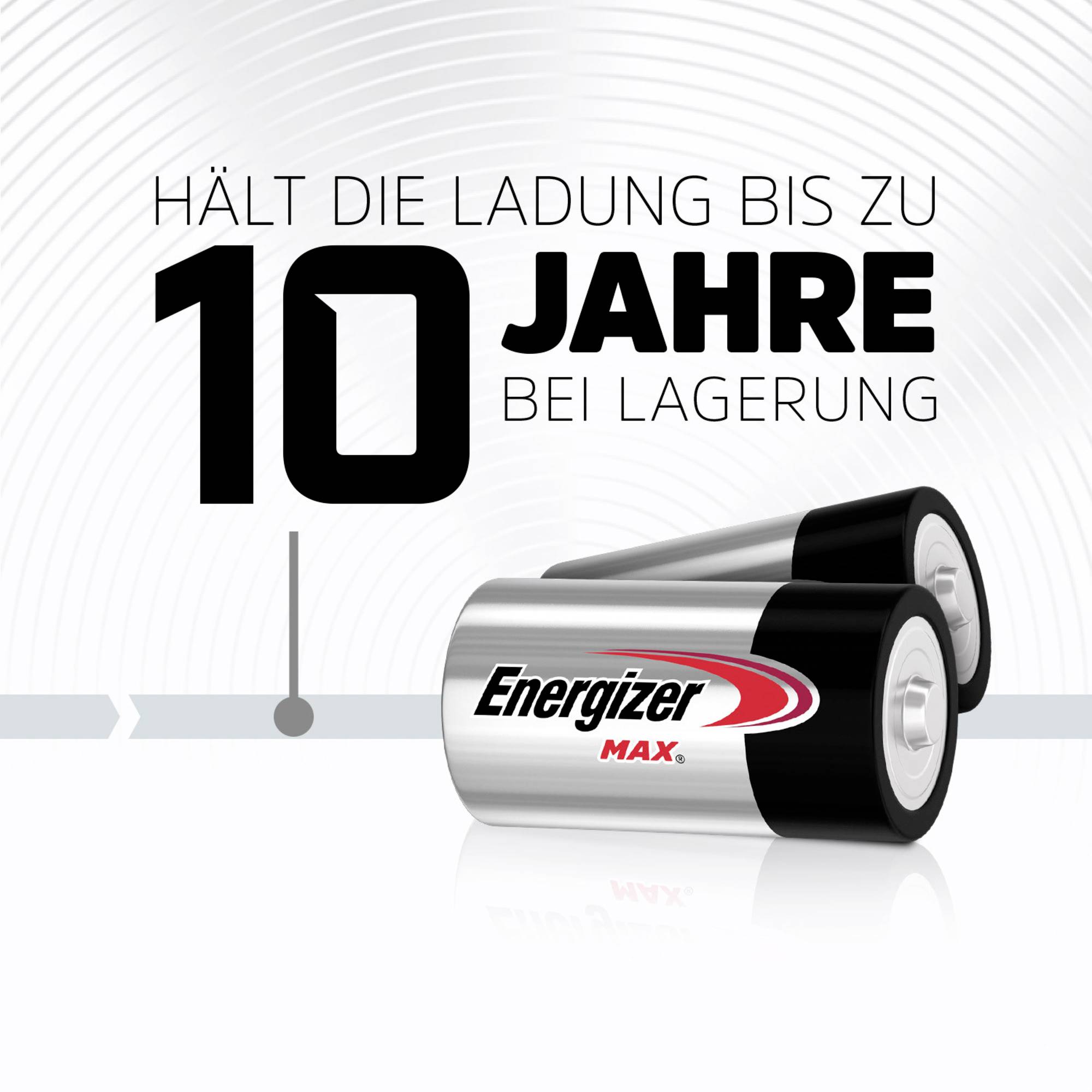 Två Energizer-batterier med silver- och svart hölje. Text: 'Behåller laddningen upp till 10 år vid förvaring.'