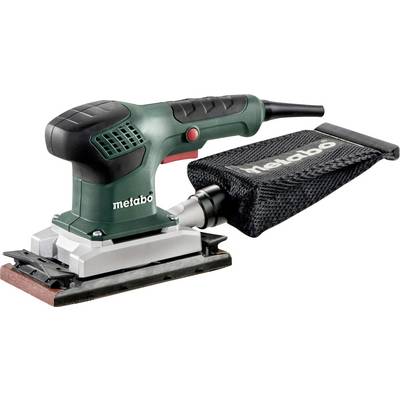 Metabo elektrisk handslip med bifogad dammväska, visad på vit bakgrund.