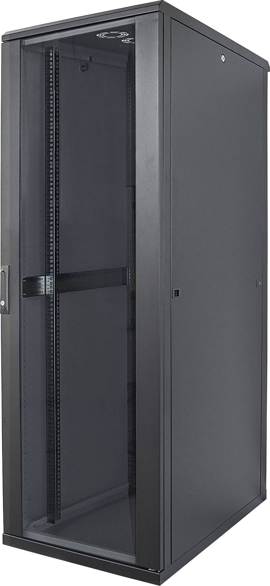 Ett tomt svart serverrack med glasdörr, lämpligt för IT-utrustning.