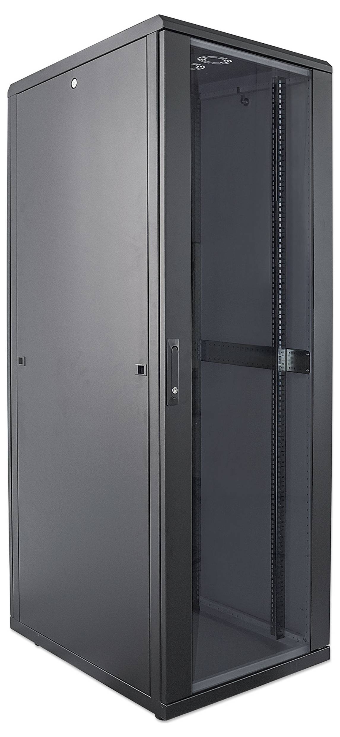 Grå nätverksrack med glasdörr, lämplig för förvaring av servrar och nätverksenheter i ett datacenter.