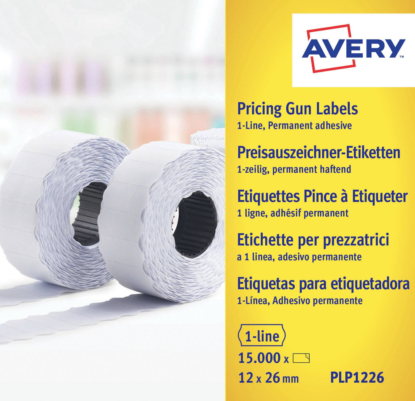 Avery prismärkesetiketter, 1-rad permanent självhäftande, 15 000 etiketter, 12 x 26 mm, produktkod PLP1226.