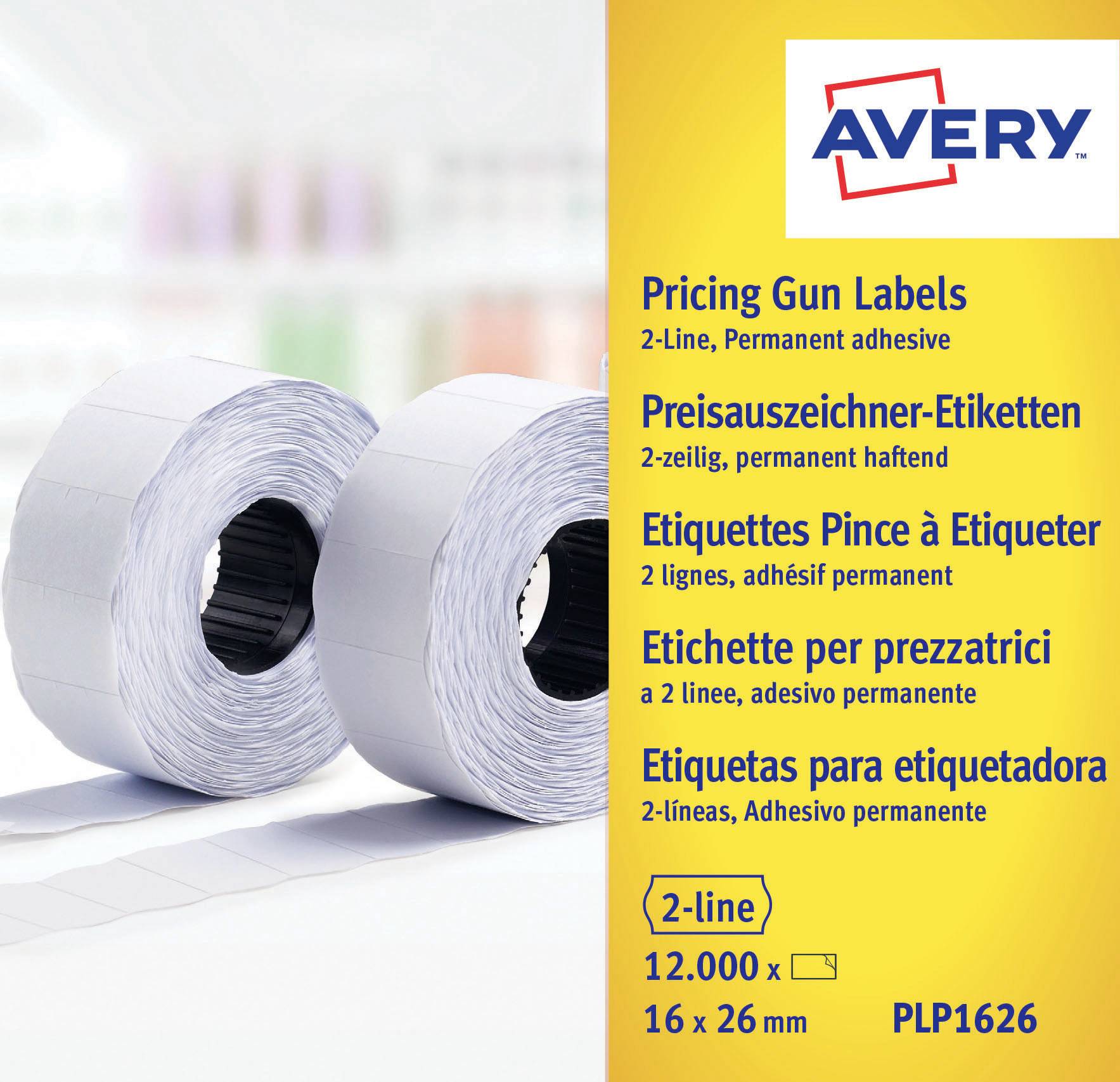 Avery pristagner, 2-radiga permanenta klistermärken, 12 000 etiketter, 16 x 26 mm, produktpaket visas med två etikettrullar.