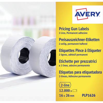 Avery pristagner, 2-radiga permanenta klistermärken, 12 000 etiketter, 16 x 26 mm, produktpaket visas med två etikettrullar.