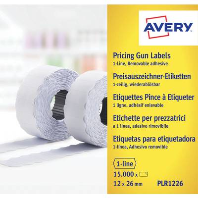 Avery Pricing Gun Labels förpackning med två rullar av 1-rad avtakbara självhäftande etiketter, 15 000 etiketter, 12 x 26 mm, produkt PLR1226.