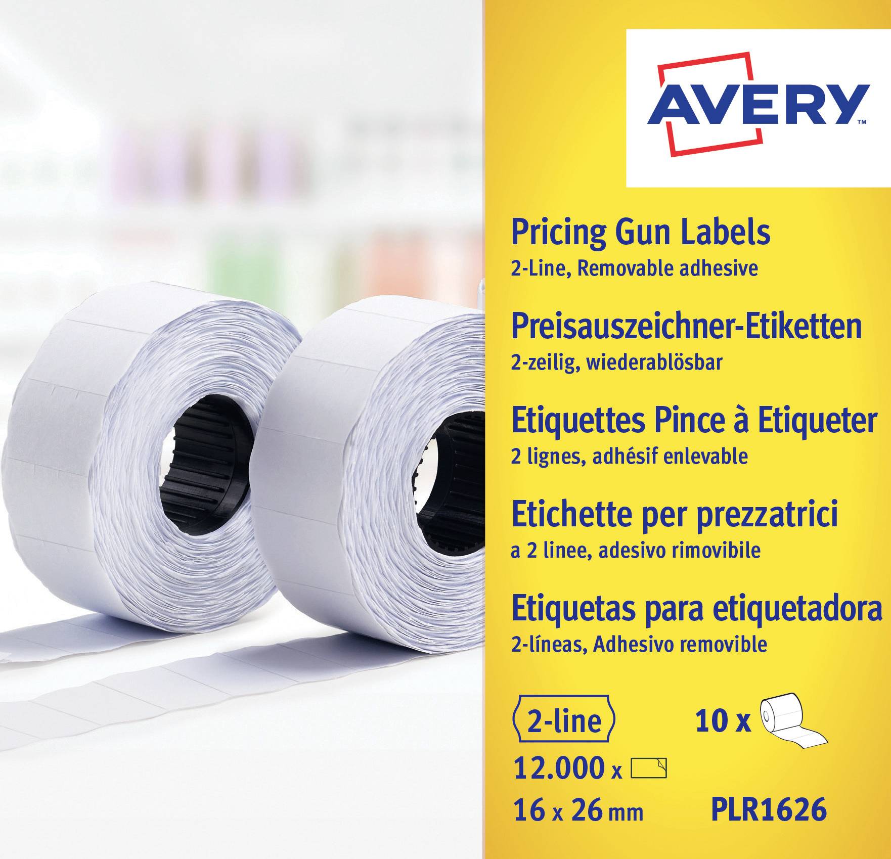 Avery prissättningsgunnetikett, 2-rad avtäckbar adhesiv, förpack med 12 000 etiketter, storlek 16 x 26 mm, produkt PLR1626.
