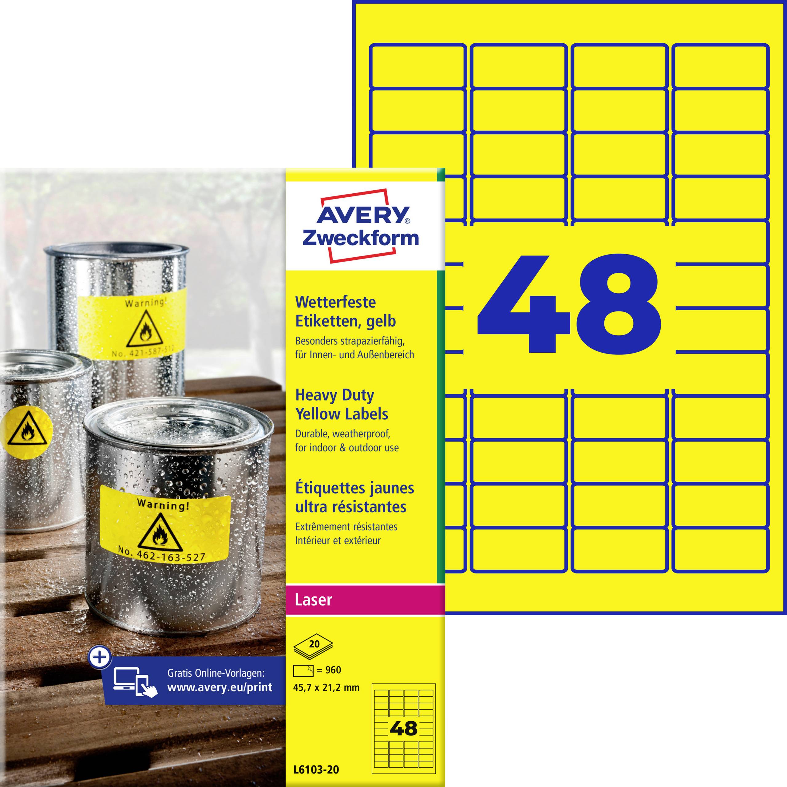 Avery Zweckform gula tåliga laseretikett-paket, 48 etiketter, visas på ett gult ark och förpackning med exempel på varningsetiketter.
