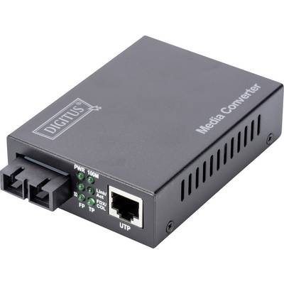 Svart media-konverter med varumärkelogotyp 'Digitus'. Utrustad med anslutningar för optisk fiber och Ethernet. LED-lampor för statusindikering.