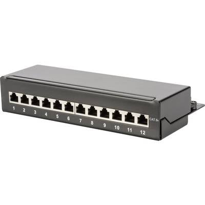 Ett svart nätverks-patchpanel med 12 numrerade Ethernet-portar, lämpligt för CAT 6A-kablar.