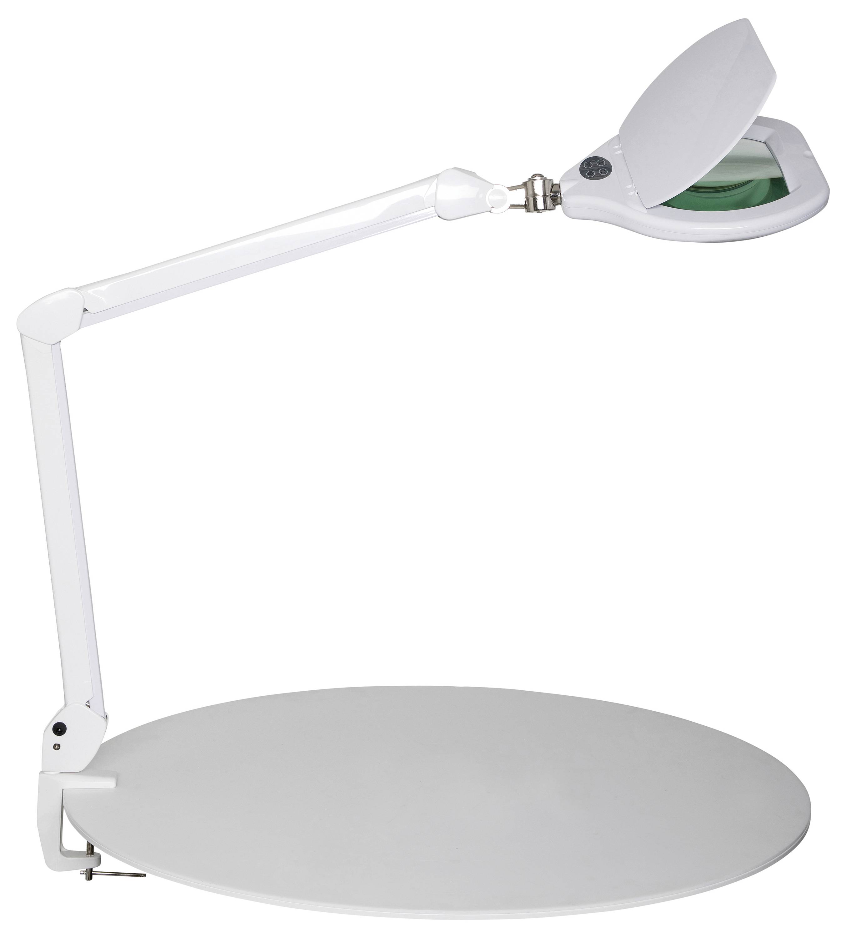 Vit skrivbordslampa med justerbar svängarm och förstoringsglas. Lämplig för detaljerade arbeten eller läsning.