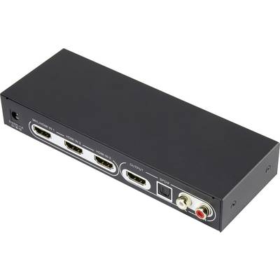 En svart HDMI-switcher med tre HDMI-ingångar, en HDMI-utgång, optisk ljudutgång och komponerade ljudportar.
