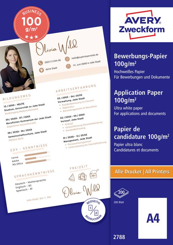 Avery-Zweckform Papier 2788  Applikationspapper DIN A4 100 G/m² 200 ark Vit