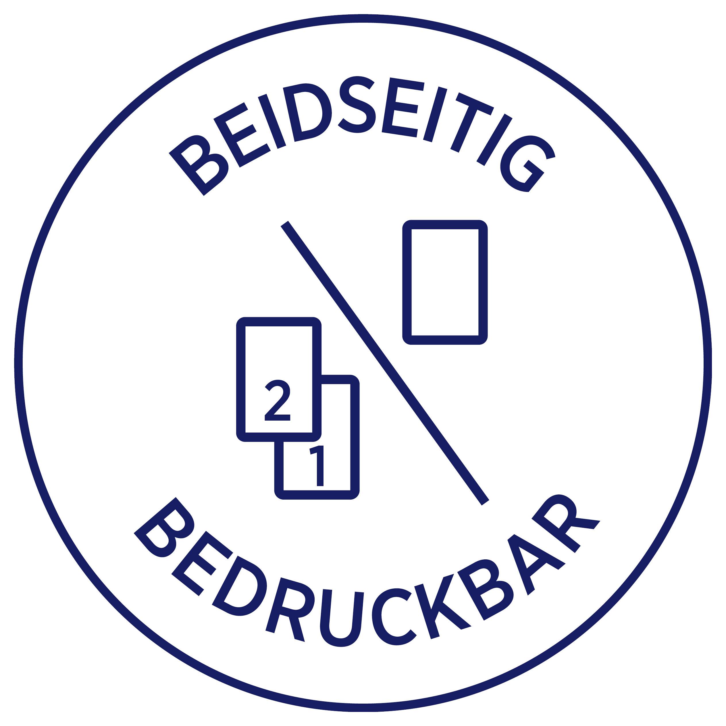 Rundsiegel med texten "BEIDSEITIG BEDRUCKBAR", visar två kort med siffrorna 1 och 2 samt ett ytterligare kort; hänvisning till tvåsidig utskrift.