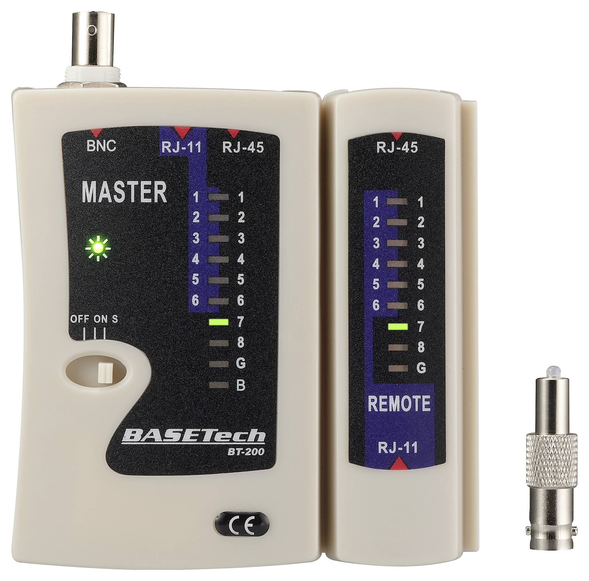 "Basetech BT-200" nätverkskabelstestare med master- och fjärrenheter, visar signalindikatorer för BNC-, RJ-11- och RJ-45-anslutningar.