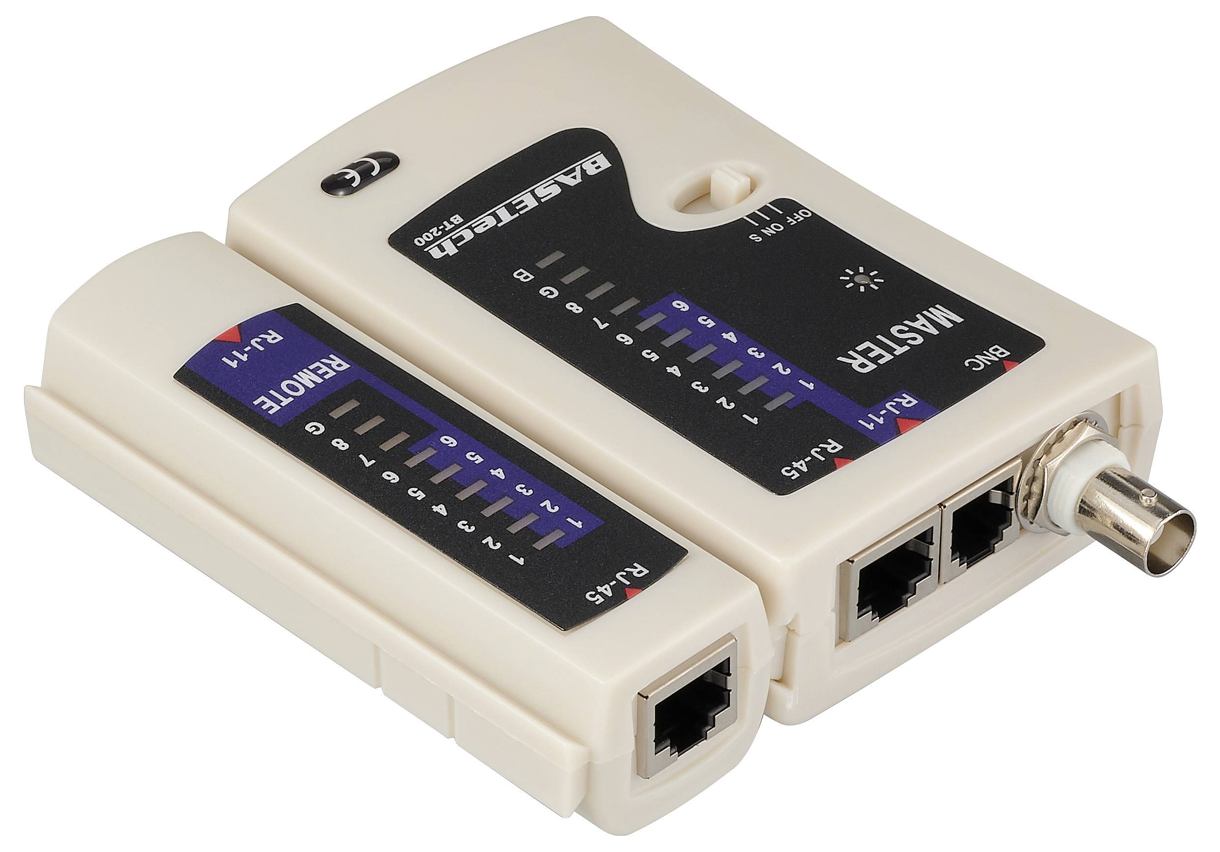 En beige nätverkskabeltestare med separerad huvud- och fjärrenhet, visar LED-indikatorer för olika kabellinjer märkta RJ-11 och RJ-45.