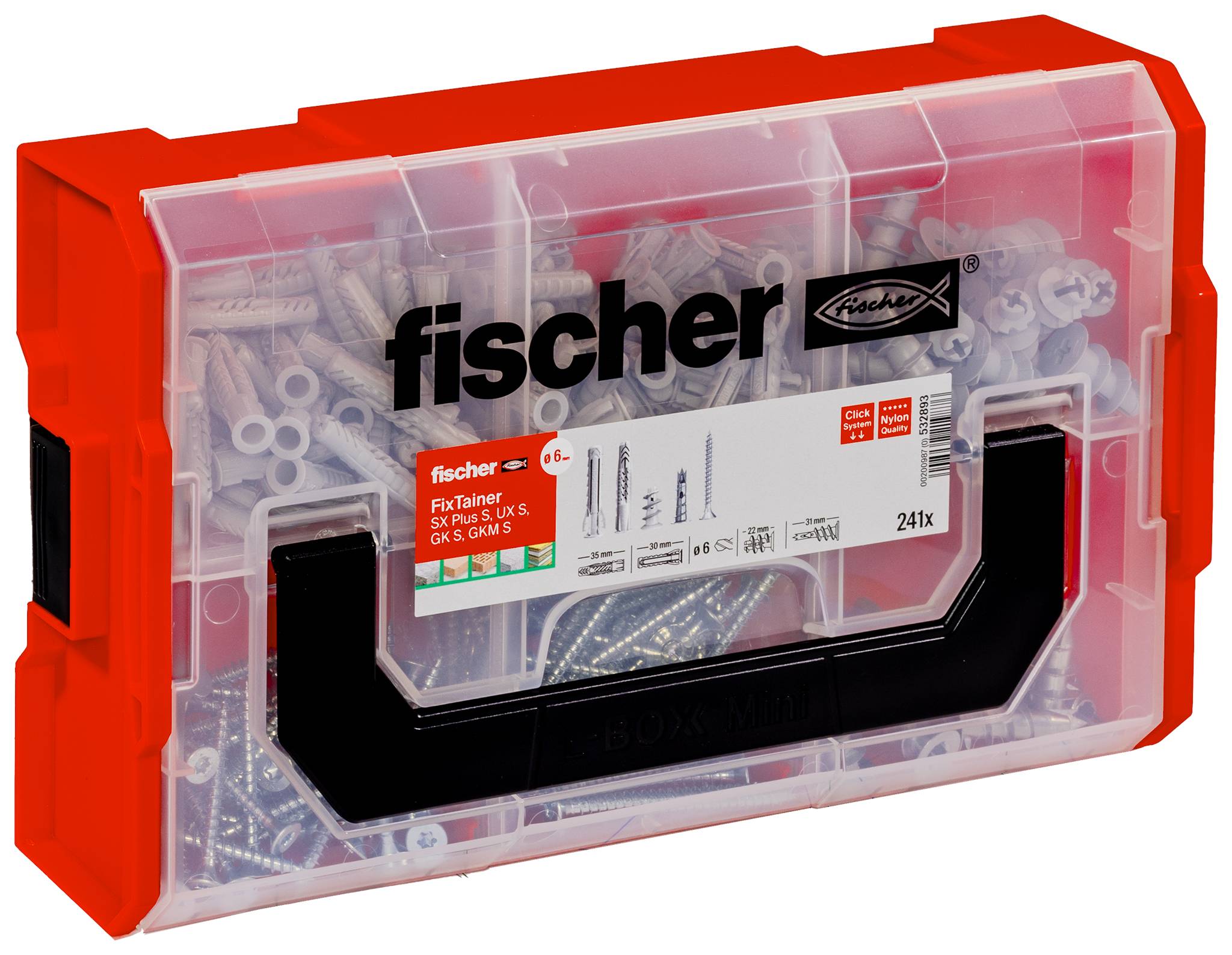 Röd plastorganiserlåda fylld med Fischer väggpluggars, skruvar och borr, med transparent framsida märkt "fischer" och "241x".