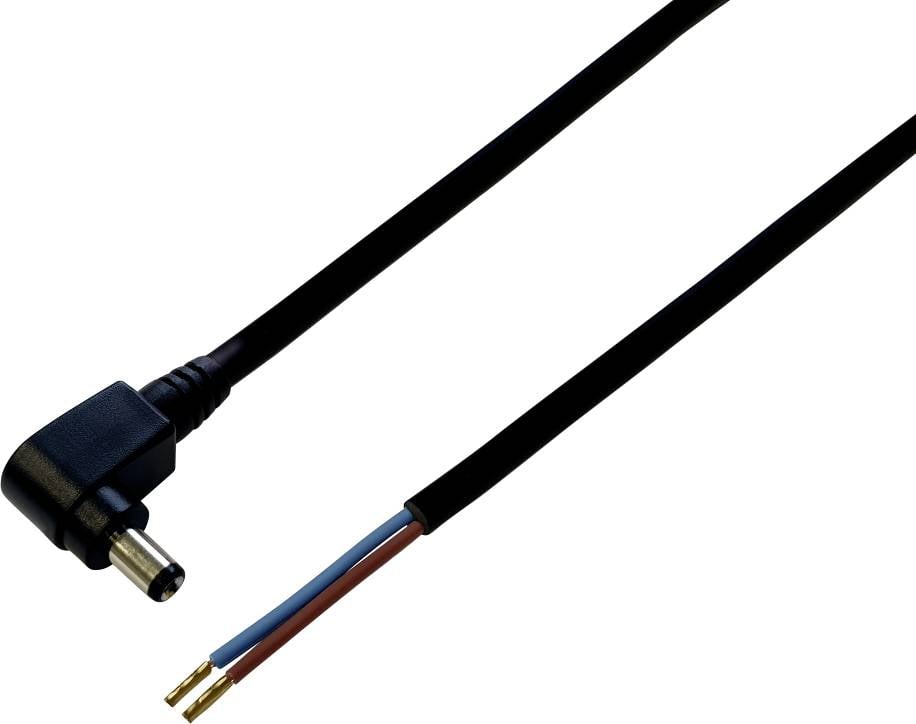 Svart kabel med rät vinkel DC-kontakt och exponerade trådar i rött och blått, lämplig för strömförbindelser.