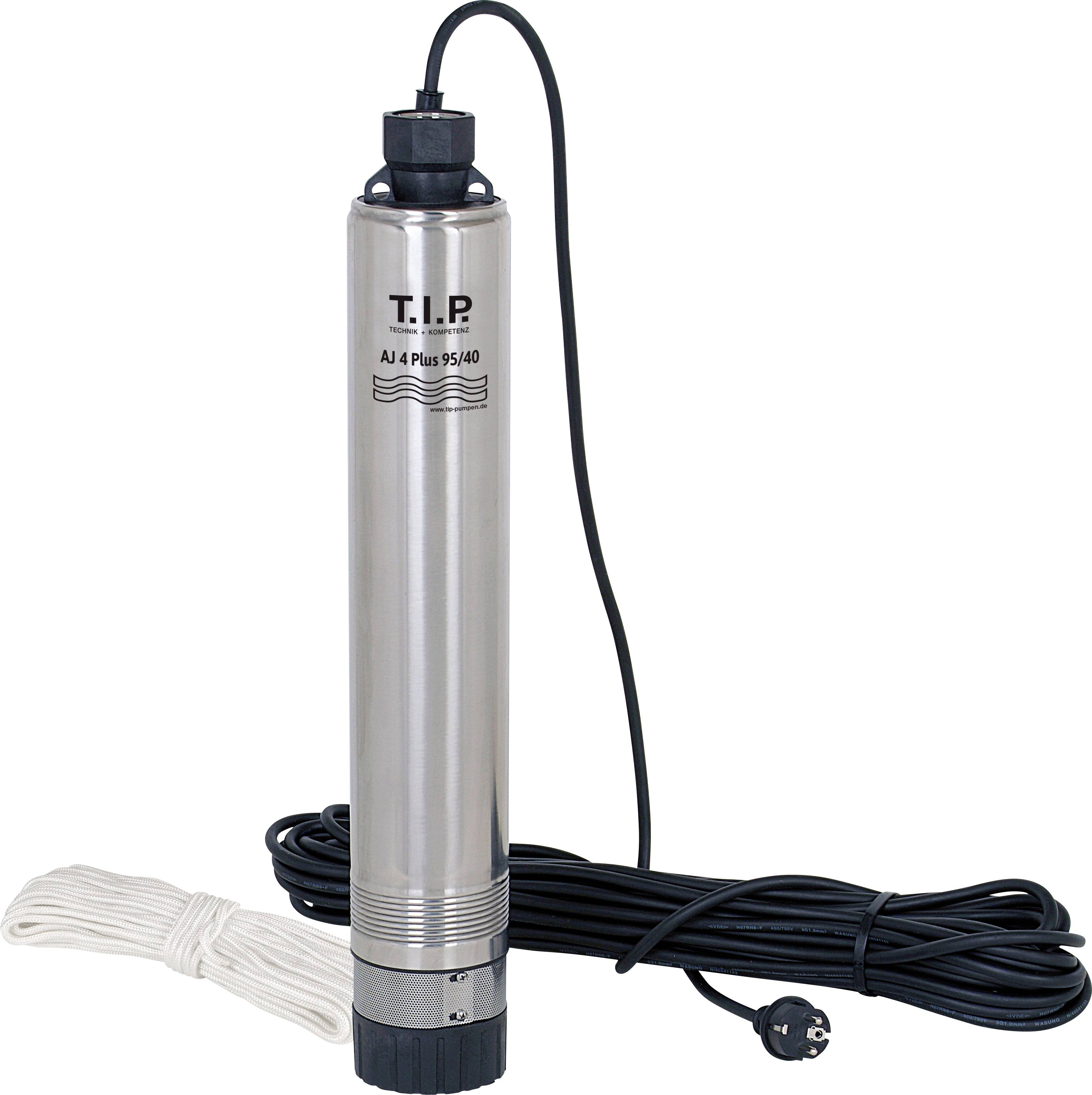 En silver doppump med svart kabel och texten 'T.I.P. AJ 4 Plus 95/40'. Relativt en lång nätkabel med stickkontakt och ett rep.