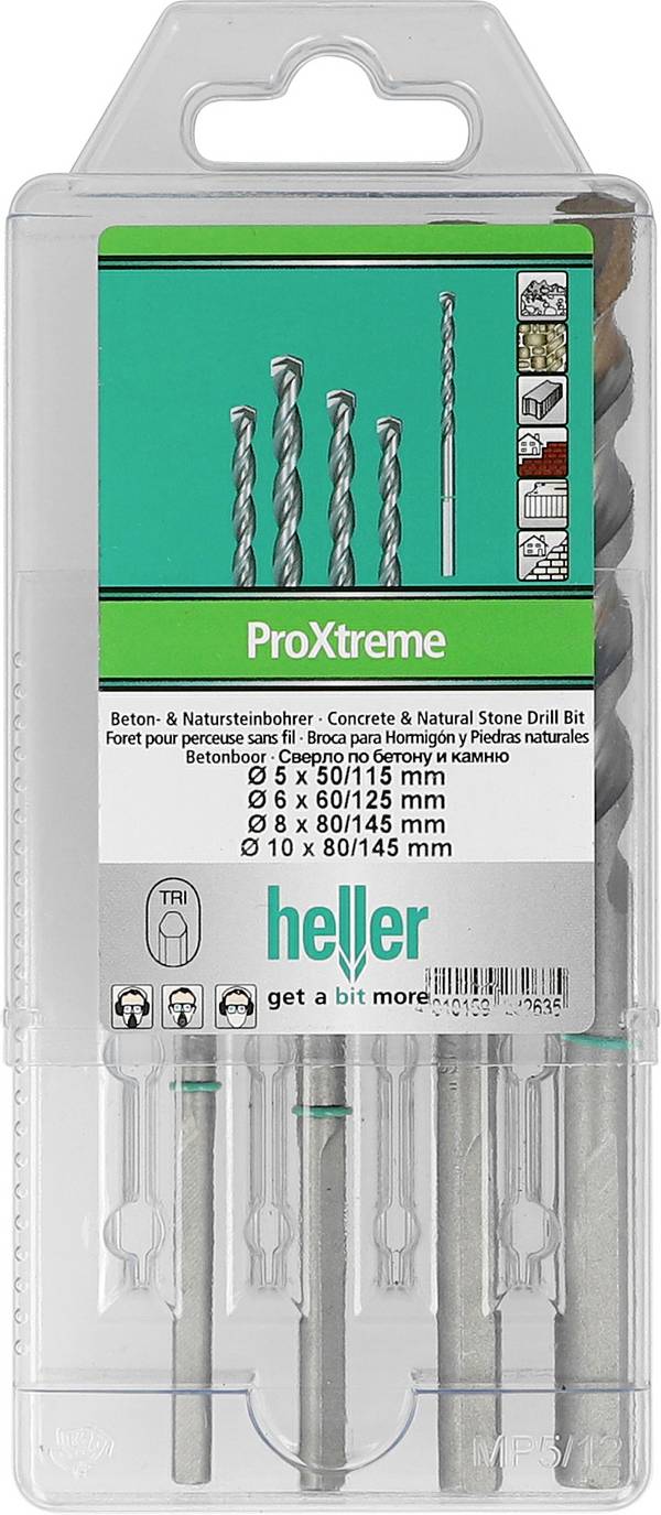 Heller ProXtreme 28263 5 Hårdmetall Betong-spiralborr set 4 delar 5 mm, 6 mm, 8 mm, 10 mm Triangulärskaft 1 set