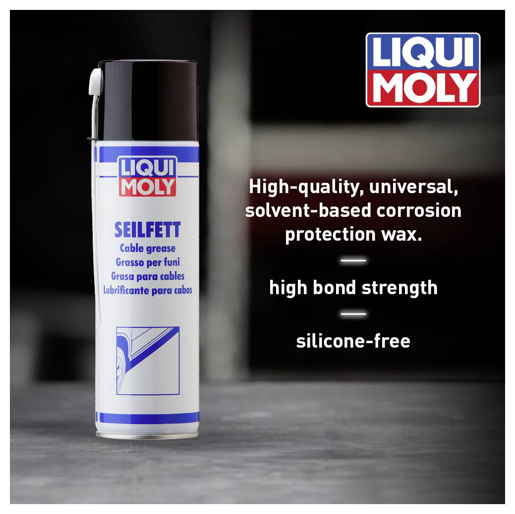 LIQUI MOLY Seilfett-sprejburk på oskarp bakgrund. Text nedanför: 'optimal effekt endast i omixat tillstånd med långvarig verkan'.