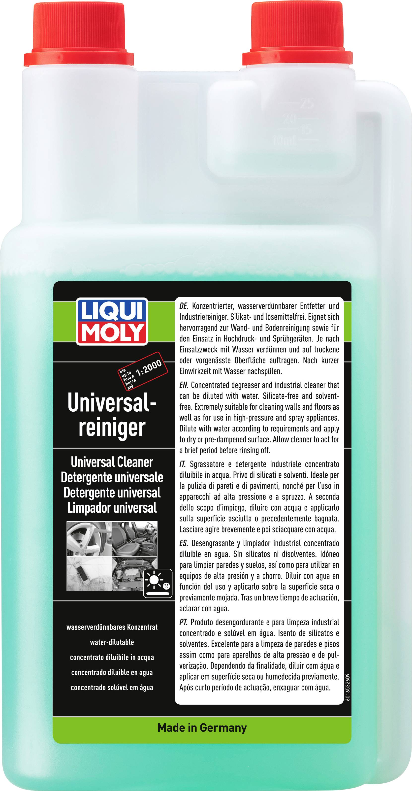 Flaska LIQUI MOLY Universalrengöring, en turkosblå vätskeblandad rengöringsproduk med röda lock och flerspråkig etikett, visad framifrån.
