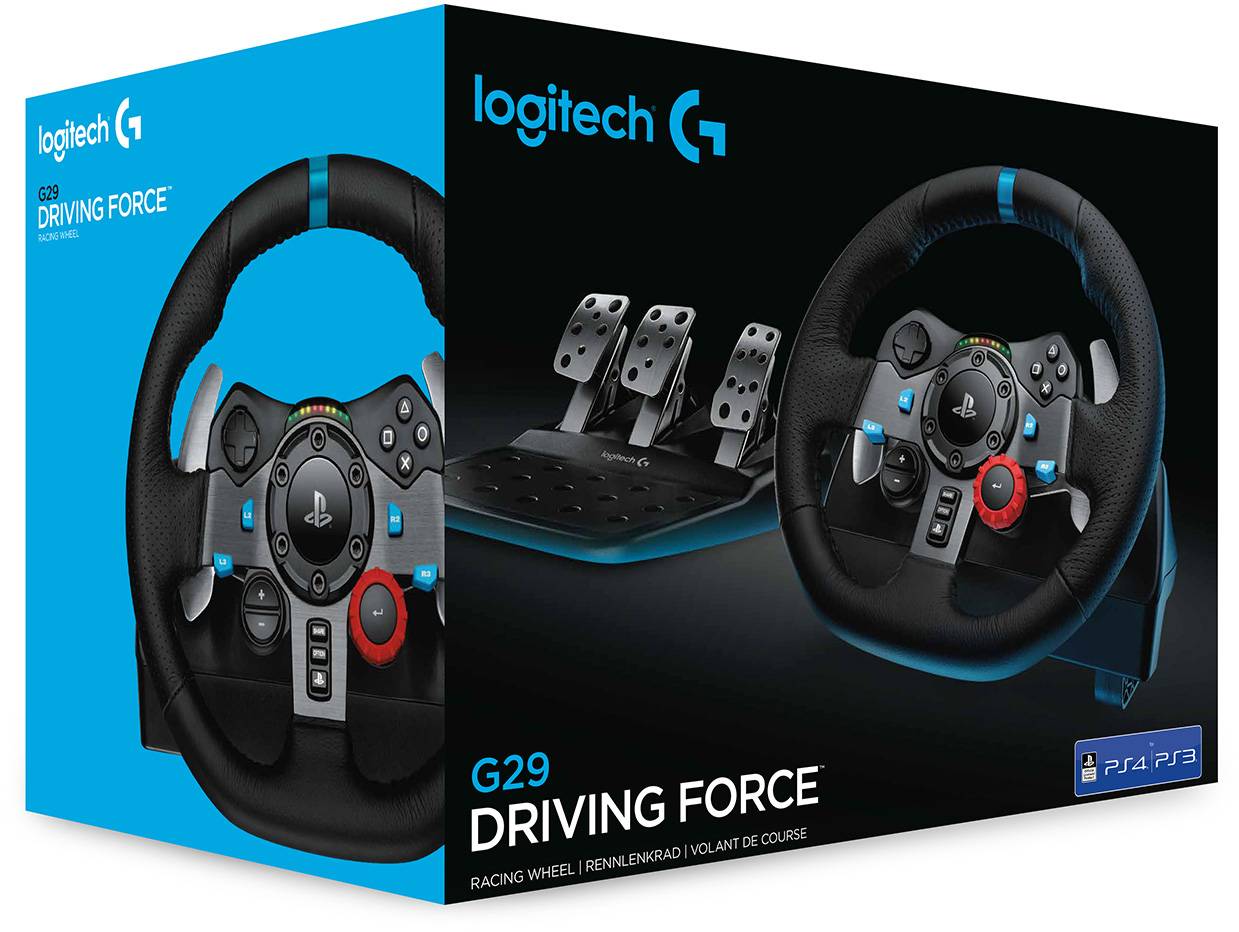 En förpackning med en ratt och pedaler från Logitech. Märkt 'G29 Driving Force', kompatibel med PS4 och PS3.